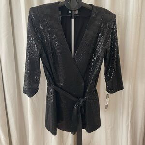 Tahari Black Sequined Wrap Top